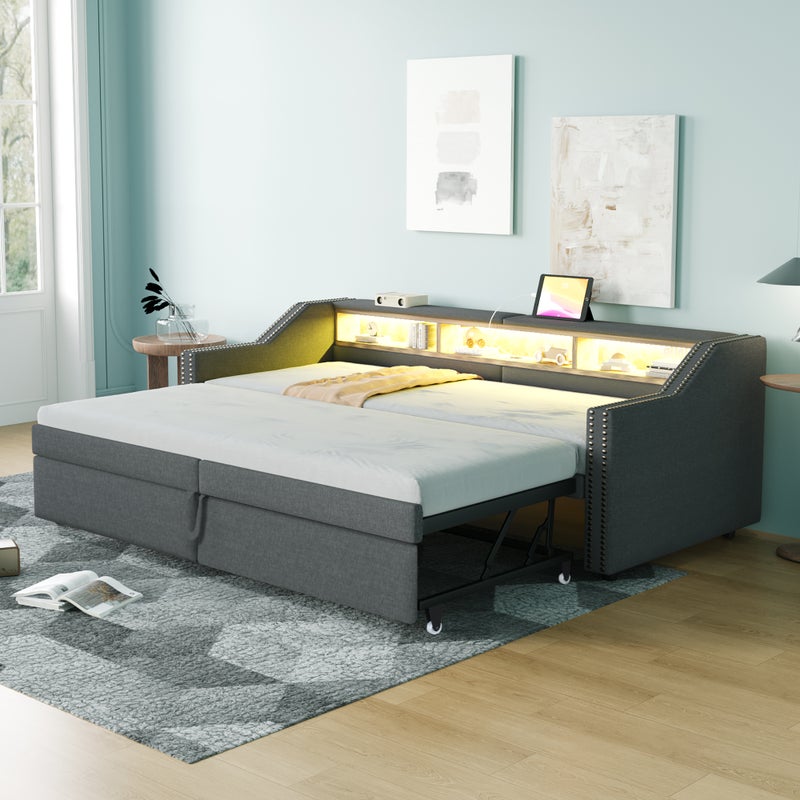 Sofa-łóżko rozkładane 90/180x200 cm, Dunkelgrau, USB, LED, Lattenrost