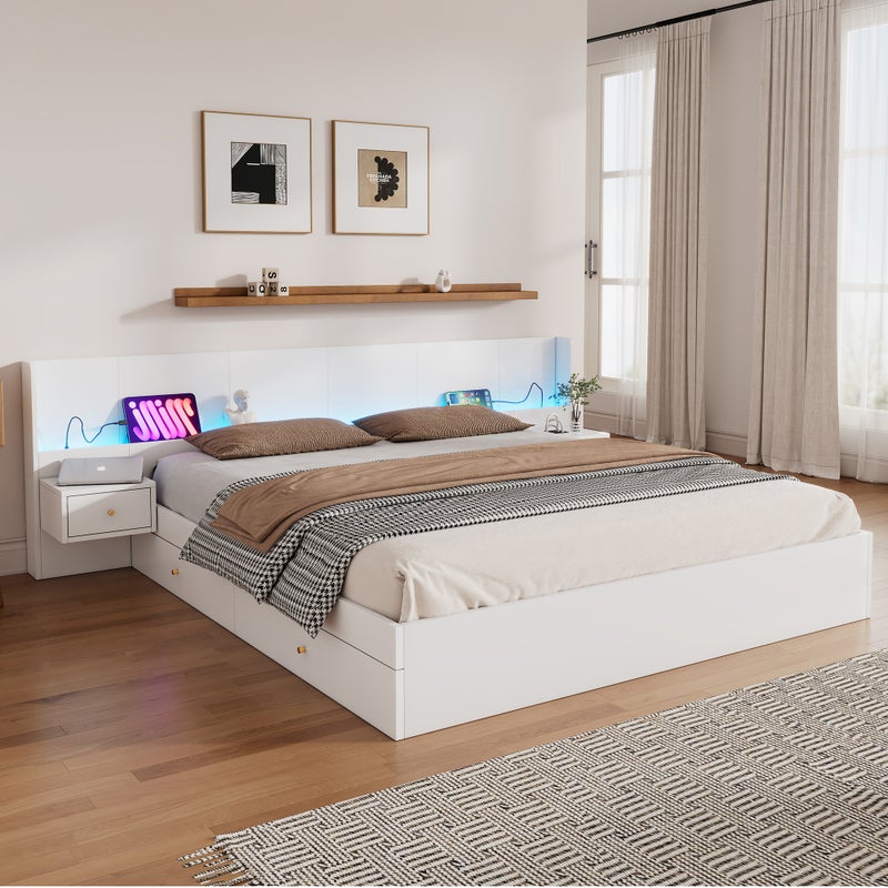 Bett dwuosobowe 180x200 cm z USB, LED, APP, 2 nocnych stolików, biały - bez materaca