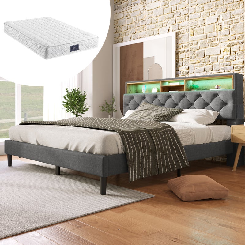 Bett doppelbett z LED i szufladami - grau, 140x200cm, drewno