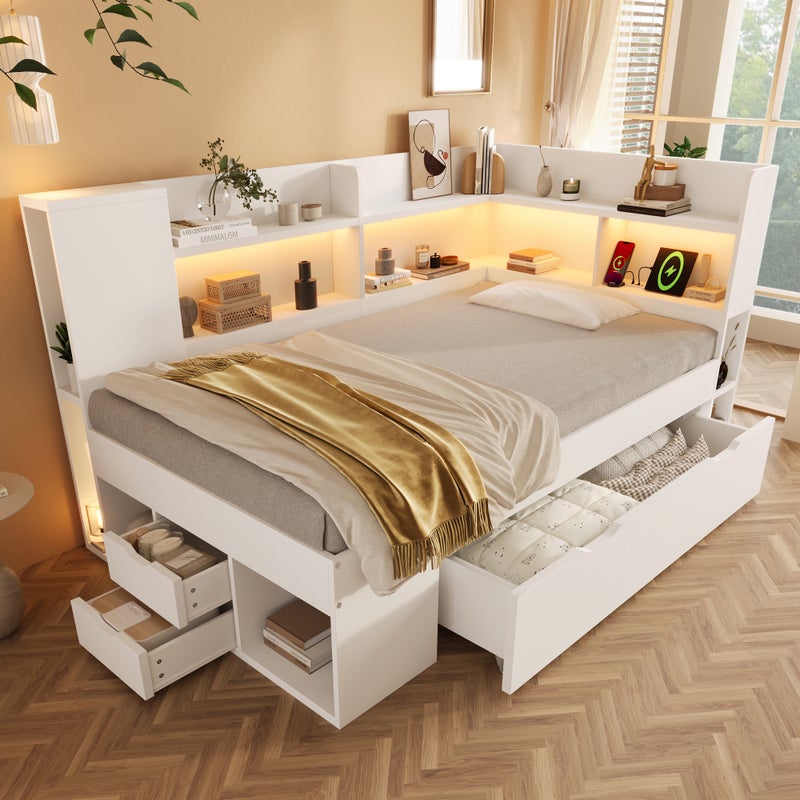 Łóżko 90 x 200 cm z 3 szufladami i przegródkami - diody LED i port USB-C - lite drewno + BP + MDF - białe (materac nie jest wliczony w cenę)