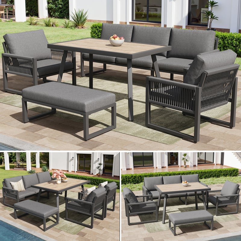 Zestaw mebli ogrodowych metalowych 6-osobowy: 1 sofa 3-osobowa + 2 fotele + 1 ławka + stół 100 x 60 x 71 cm - Szary