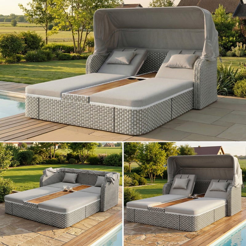 Zestaw wypoczynkowy ogrodowy z 2 miejscami do leżenia, parasolem i 2 uchwytami na kubki – 192 x 160 x 137 cm – rattan PE, akacja i tkanina – szary