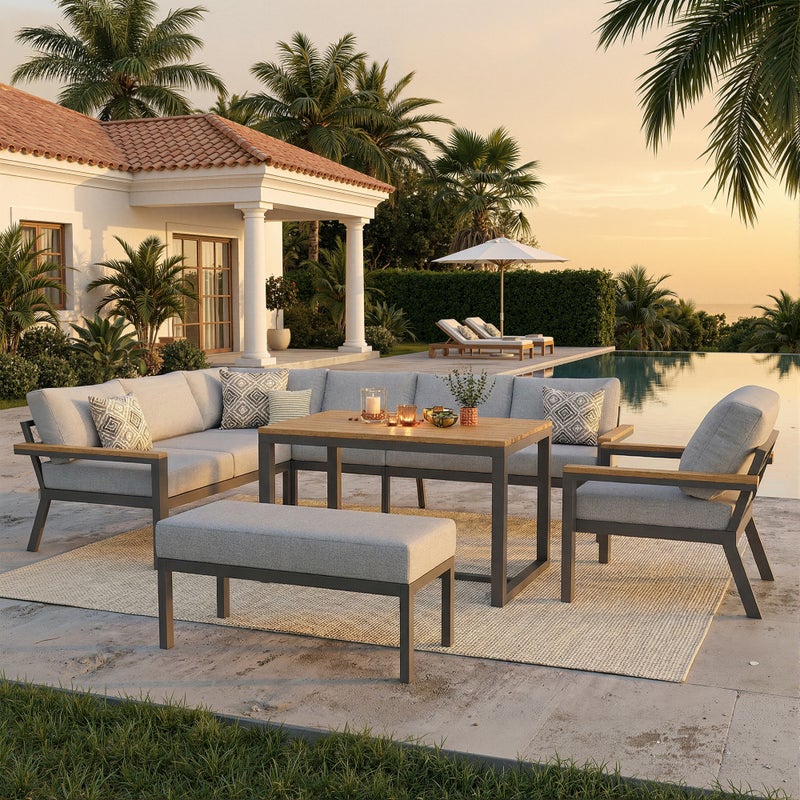 Zestaw mebli ogrodowych z ocynkowanego żelaza, 8-osobowy: 1 narożnik 6-osobowy + 1 ławka + 1 fotel + stolik kawowy - szary