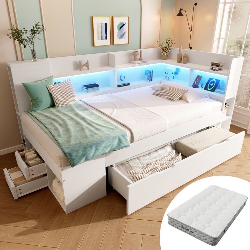 Łóżko 90 x 200 cm z 3 szufladami i przegródkami, sofa rozkładana - oświetlenie LED i port USB-C - lite drewno + BP + MDF - białe (z materacem)