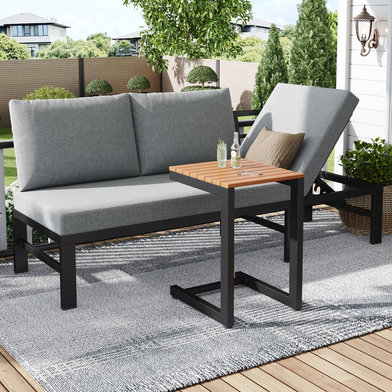 Zestaw mebli ogrodowych ze stali ocynkowanej 3-osobowy: 1 sofa z funkcją rozkładania + kwadratowy stolik boczny - szary