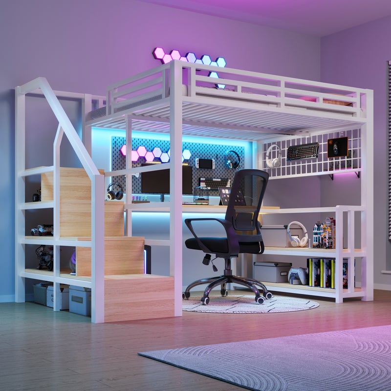 Łóżko 140 x 200 cm z biurkiem i półką - żelazna rama - oświetlenie LED, 2 porty USB i 1 port typu C - białe (materac nie jest w zestawie)