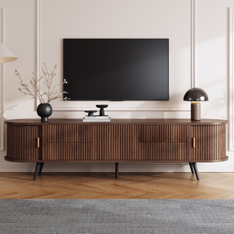 Owalna szafka RTV z 2 drzwiami przesuwnymi, 4 szufladami, 1 drzwiami uchylnymi - 180 x 40 x 45 cm - MDF - orzech