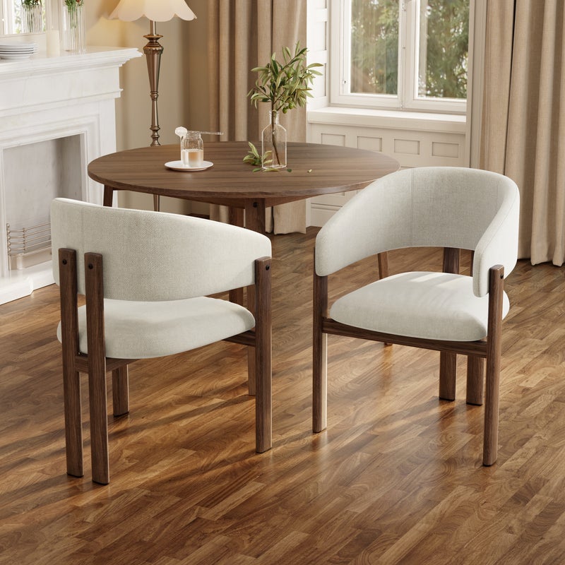 Zestaw 2 krzeseł do jadalni z podłokietnikami - 61,5 x 52,5 x 83 cm - Tkanina lniana i nogi metalowe imitujące drewno - Orzech