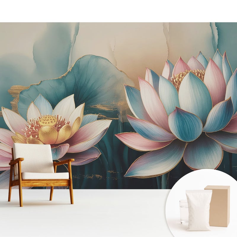 Tapeta dekoracyjna flizelinowa nowoczesny motyw stylowa elegancka praktyczna powierzchnia - Delikatne kwiaty lotosu w abstrakcyjnym stylu - 312x219