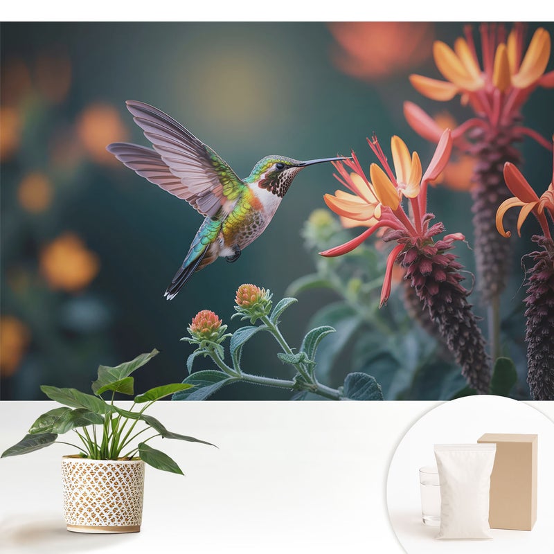 Tapeta flizelinowa nowoczesna dekoracyjna elegancka stylowa łatwy montaż i praktyczna - Koliber wśród kwitnących roślin - 152x104