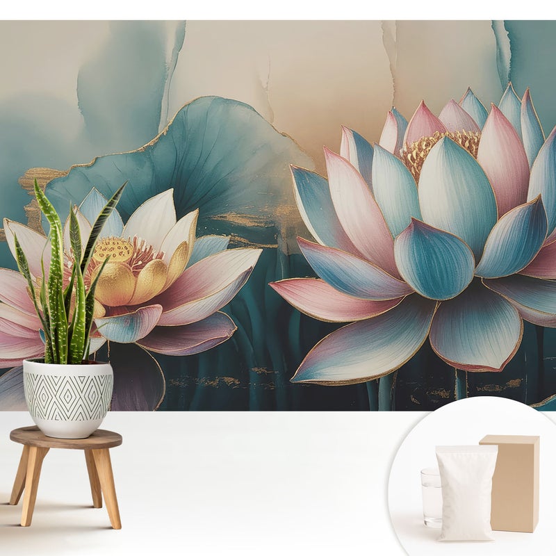 Tapeta dekoracyjna flizelinowa nowoczesny motyw stylowa elegancka praktyczna powierzchnia - Delikatne kwiaty lotosu w abstrakcyjnym stylu - 208x146