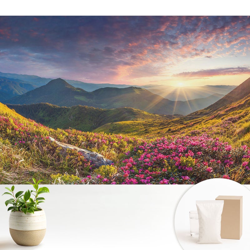 Tapeta flizelinowa dekoracyjna stylowa nowoczesny motyw elegancka wysoka jakość trwała powierzchnia - Górski krajobraz w promieniach słońca - 104x70