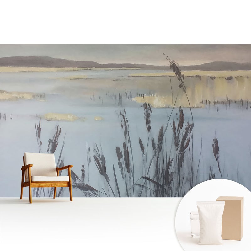 Tapeta dekoracyjna flizelinowa nowoczesny motyw elegancka stylowa praktyczna powierzchnia - Jezioro z trzcinami refleksyjna przestrzeń - 416x254