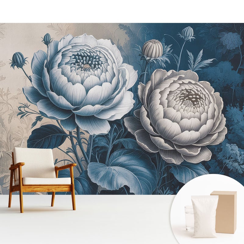 Tapeta dekoracyjna flizelinowa stylowa nowoczesny motyw elegancka trwała i solidna - Kwiaty w odcieniach niebieskiego szarości - 312x219