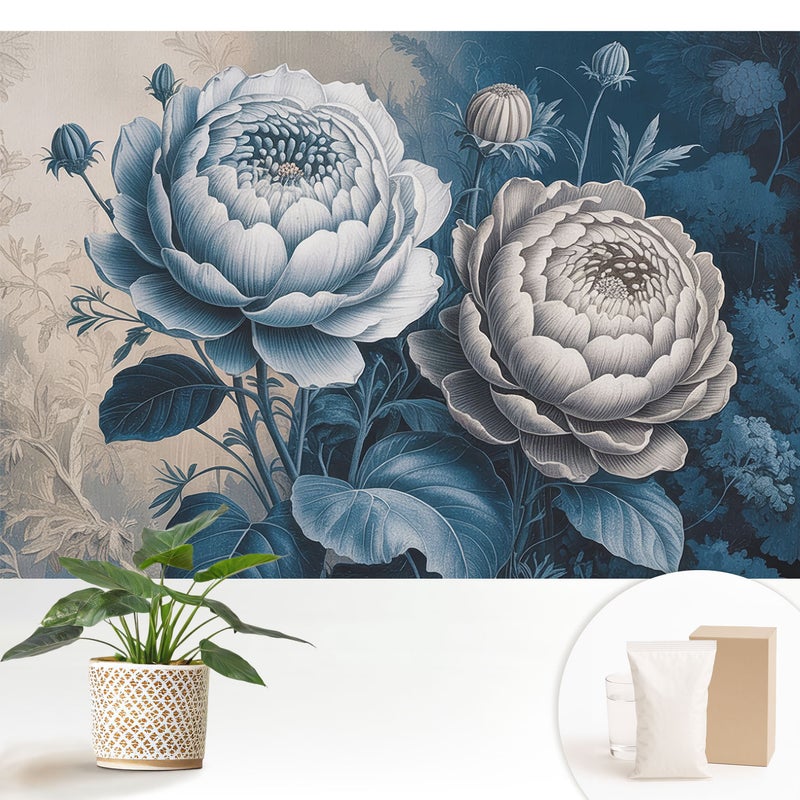 Tapeta dekoracyjna flizelinowa stylowa nowoczesny motyw elegancka trwała i solidna - Kwiaty w odcieniach niebieskiego szarości - 152x104