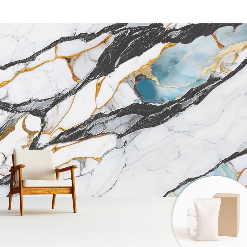 Tapeta z flizeliny dekoracyjna nowoczesna stylowa elegancka wykończenie wysokiej jakości - Marmur z czernią i błękitem - 312x219