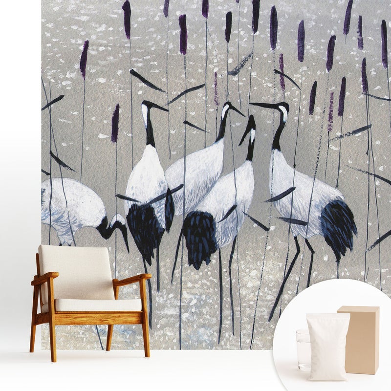 Tapeta z flizeliny dekoracyjna nowoczesna elegancka stylowa wykończenie ściany wysokiej jakości - Eleganckie żurawie wśród traw - 250x250