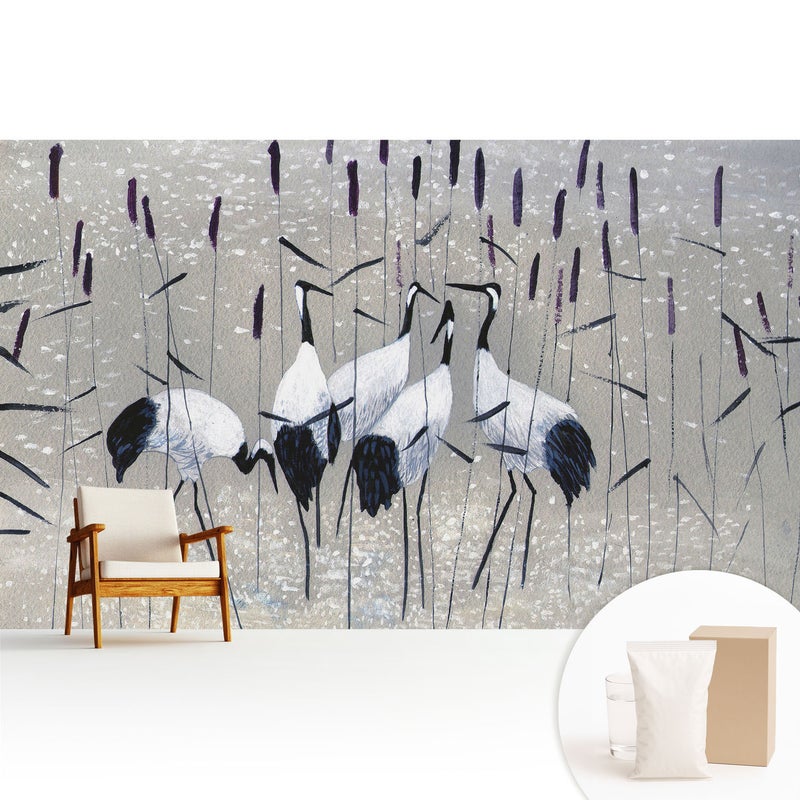 Tapeta z flizeliny dekoracyjna nowoczesna elegancka stylowa wykończenie ściany wysokiej jakości - Eleganckie żurawie wśród traw - 416x254
