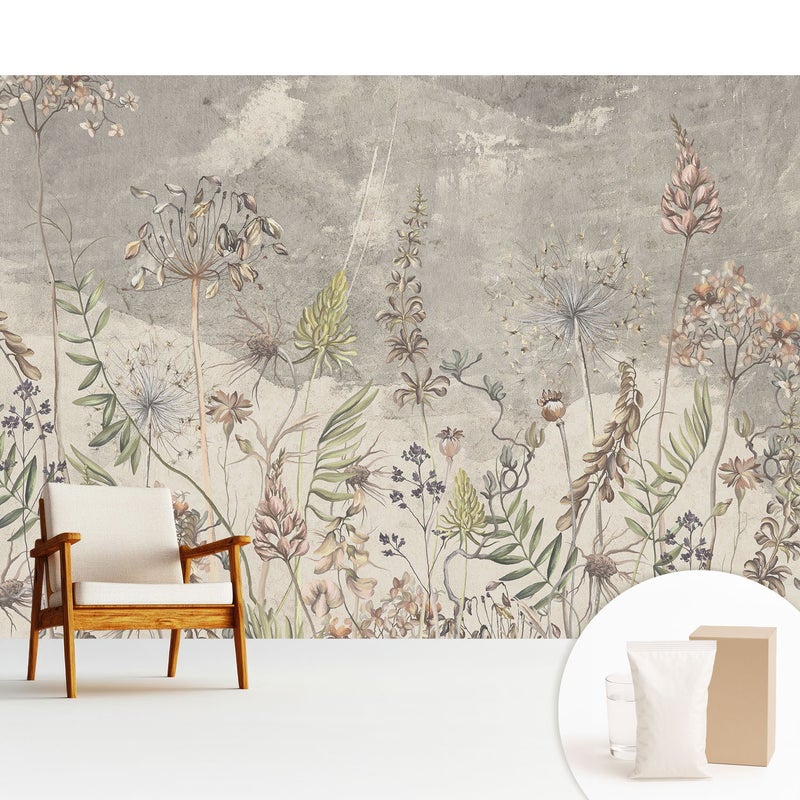 Tapeta z flizeliny stylowa dekoracja ściany elegancka nowoczesny motyw wysokiej jakości - Rustykalne kwiaty na szarym tle - 312x219