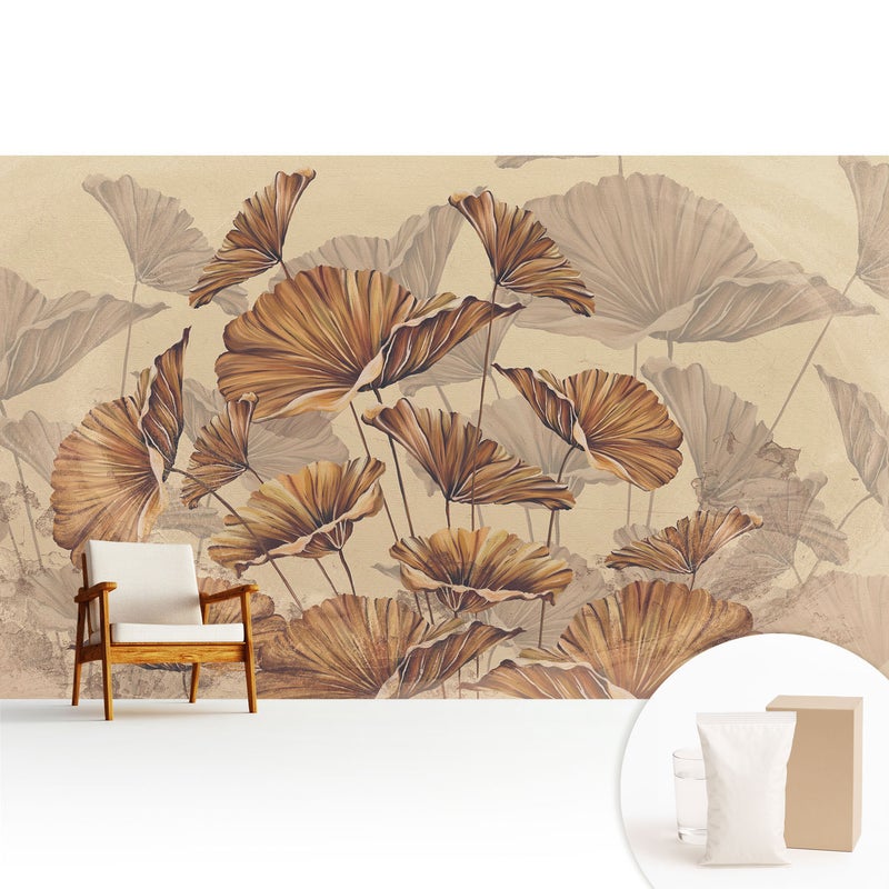 Tapeta flizelinowa elegancka dekoracyjna stylowa nowoczesny motyw trwała wykończenie - Rustykalne liście w ciepłych barwach - 416x254