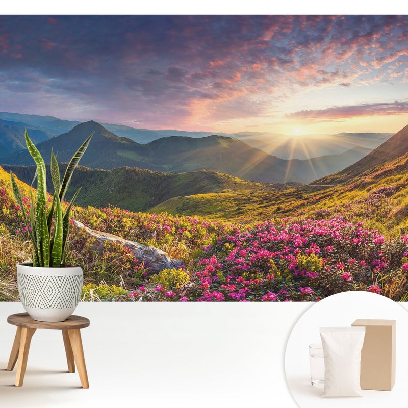 Tapeta flizelinowa dekoracyjna stylowa nowoczesny motyw elegancka wysoka jakość trwała powierzchnia - Górski krajobraz w promieniach słońca - 208x146