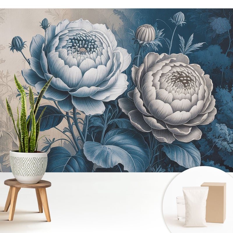 Tapeta dekoracyjna flizelinowa stylowa nowoczesny motyw elegancka trwała i solidna - Kwiaty w odcieniach niebieskiego szarości - 208x146