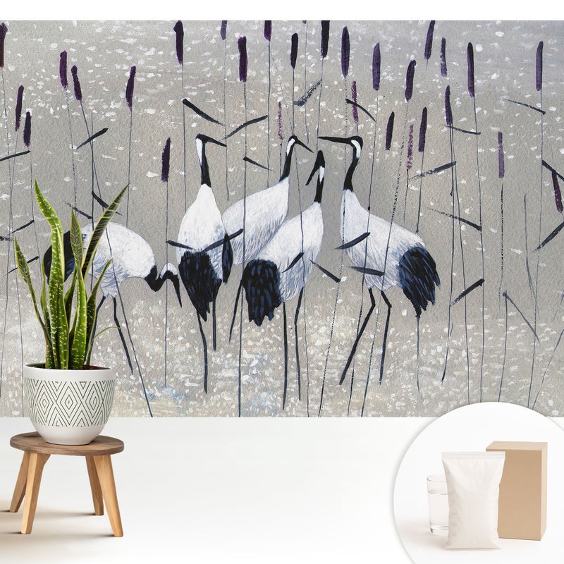 Tapeta z flizeliny dekoracyjna nowoczesna elegancka stylowa wykończenie ściany wysokiej jakości - Eleganckie żurawie wśród traw - 208x146