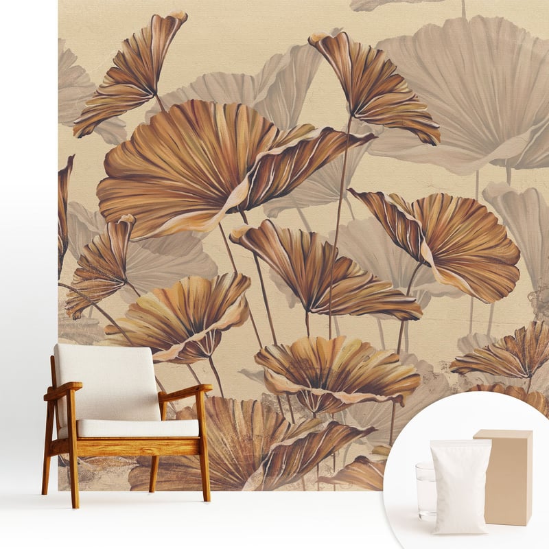 Tapeta flizelinowa elegancka dekoracyjna stylowa nowoczesny motyw trwała wykończenie - Rustykalne liście w ciepłych barwach - 250x250