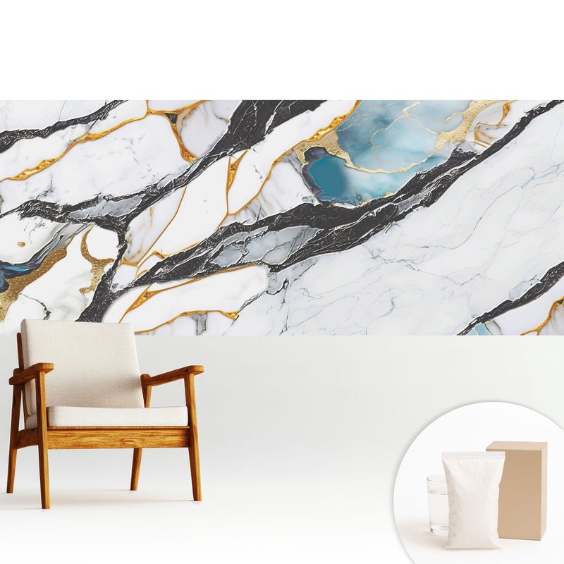Tapeta z flizeliny dekoracyjna nowoczesna stylowa elegancka wykończenie wysokiej jakości - Marmur z czernią i błękitem - 250x104