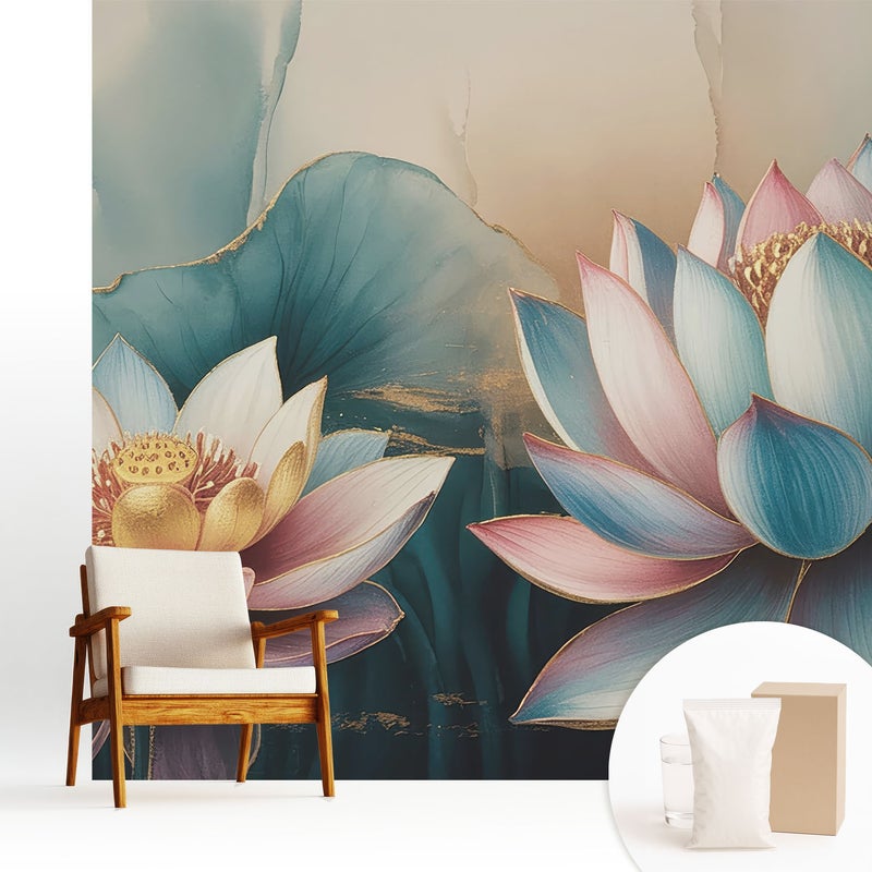 Tapeta dekoracyjna flizelinowa nowoczesny motyw stylowa elegancka praktyczna powierzchnia - Delikatne kwiaty lotosu w abstrakcyjnym stylu - 250x250