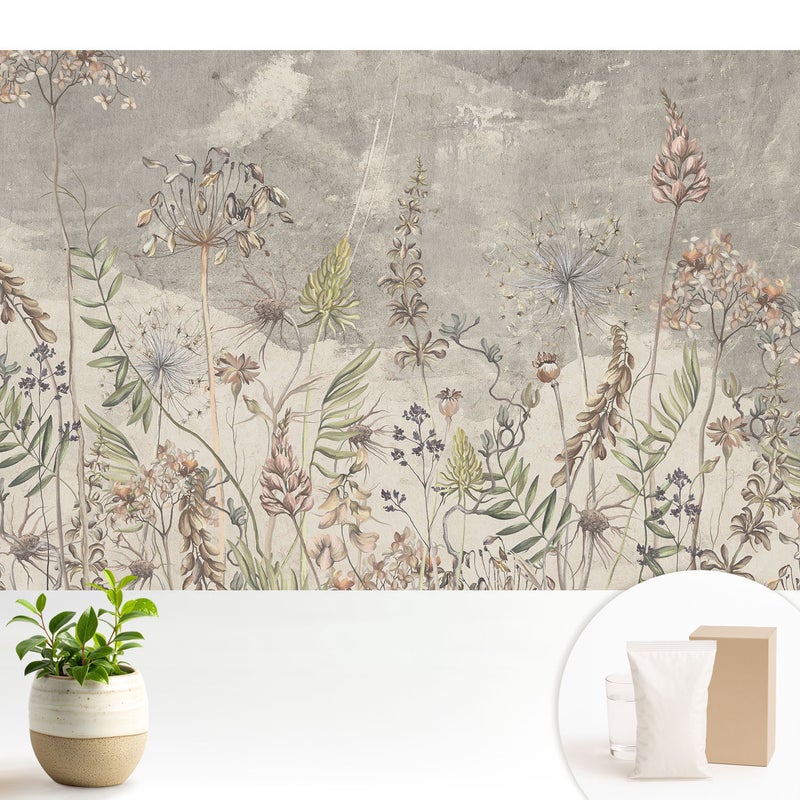 Tapeta z flizeliny stylowa dekoracja ściany elegancka nowoczesny motyw wysokiej jakości - Rustykalne kwiaty na szarym tle - 104x70
