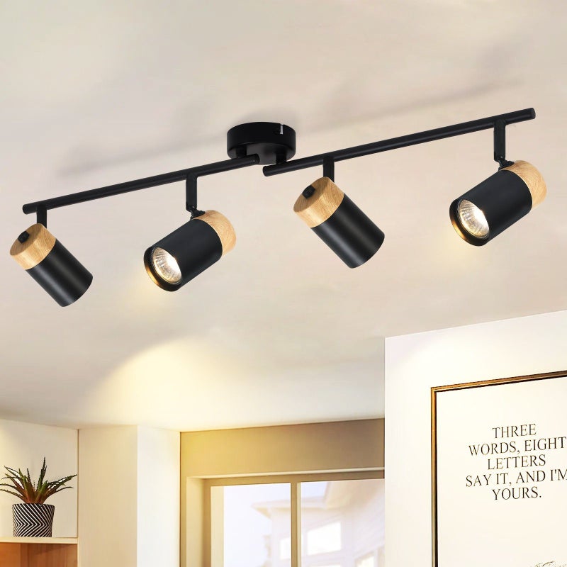 NETTLIFE 4-punktowa drewniana lampa sufitowa GU10 regulowana 330° do salonu sypialni kuchni pokoju dziecięcego bez żarówki