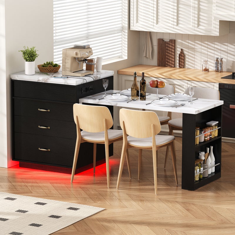 Mobilna wyspa kuchenna ze stołem jadalnym, 3 szufladami i wysuwaną półką - 125,5 x 71 x 93 cm - Płyta MDF - Gniazdka i diody LED - Czarny + biały