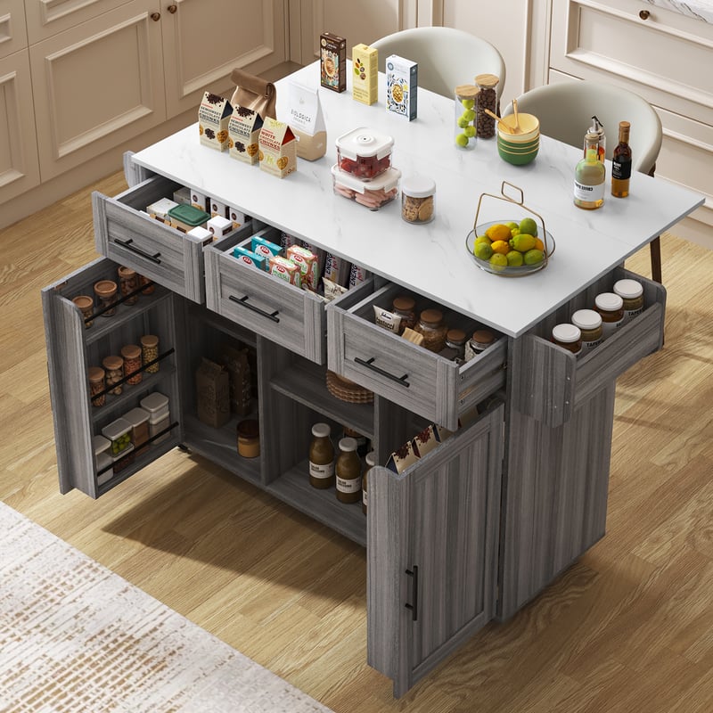 Mobilna wyspa kuchenna z 2 drzwiami, 3 szufladami i 2 przegrodami - 139 x 46/71 x 91,5 cm - MDF - Rozkładany blat - Szary