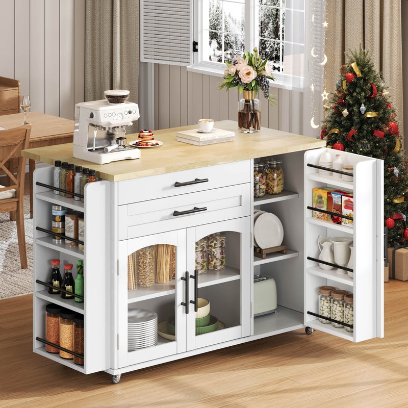 Mobilna wyspa kuchenna z 3 drzwiami, 2 szufladami i półką na przyprawy - 120 x 45/70 x 90 cm - MDF - Biały + naturalny
