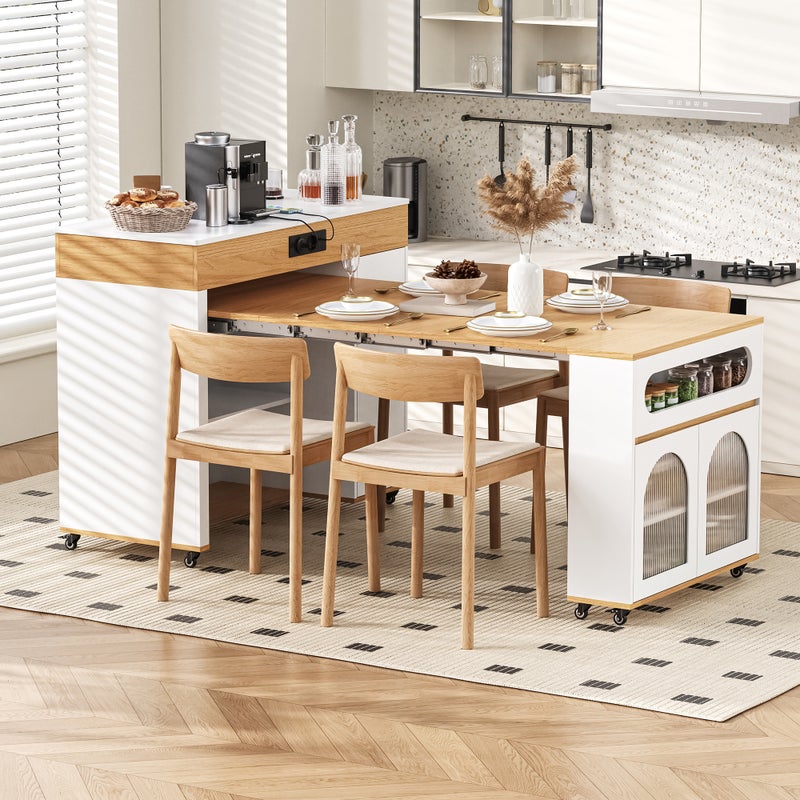 Mobilna wyspa kuchenna z rozkładanym stołem jadalnym, 3 drzwiami i 1 szufladą - 110,5x50,5x95,5 cm - MDF - Gniazdka elektryczne - Biały + naturalny