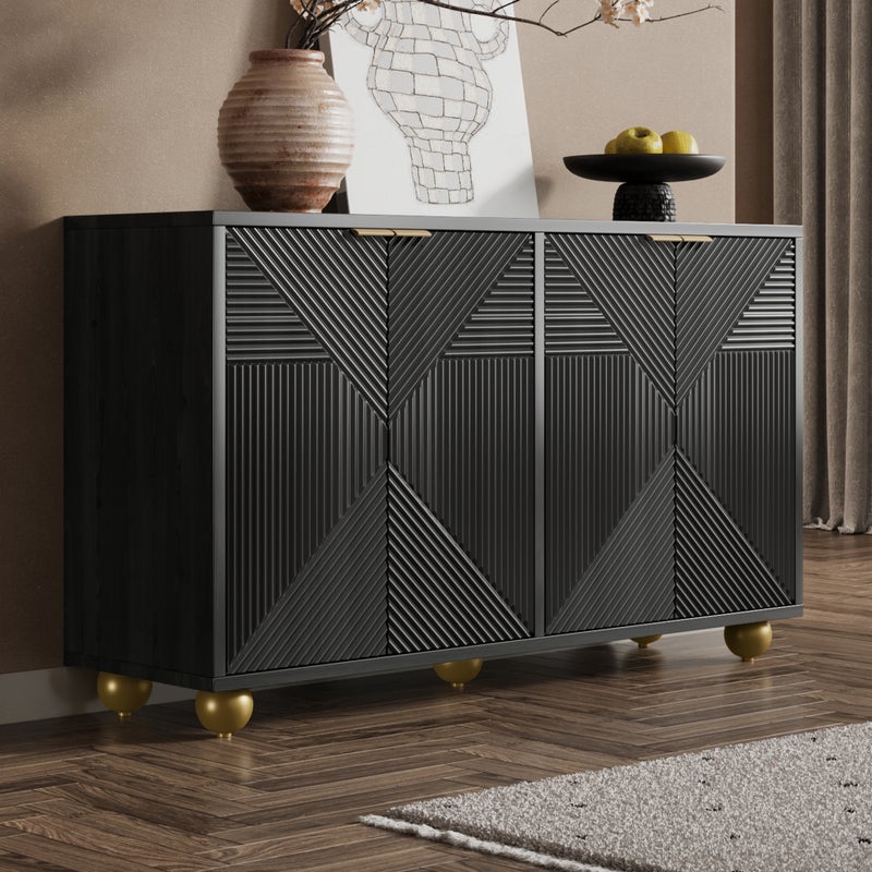 Komoda niska z 4 drzwiami - 120 x 35 x 71,5 cm - Regulowane półki wewnętrzne - Płyta MDF - Uchwyty metalowe i nóżki kulowe - Kolor czarny