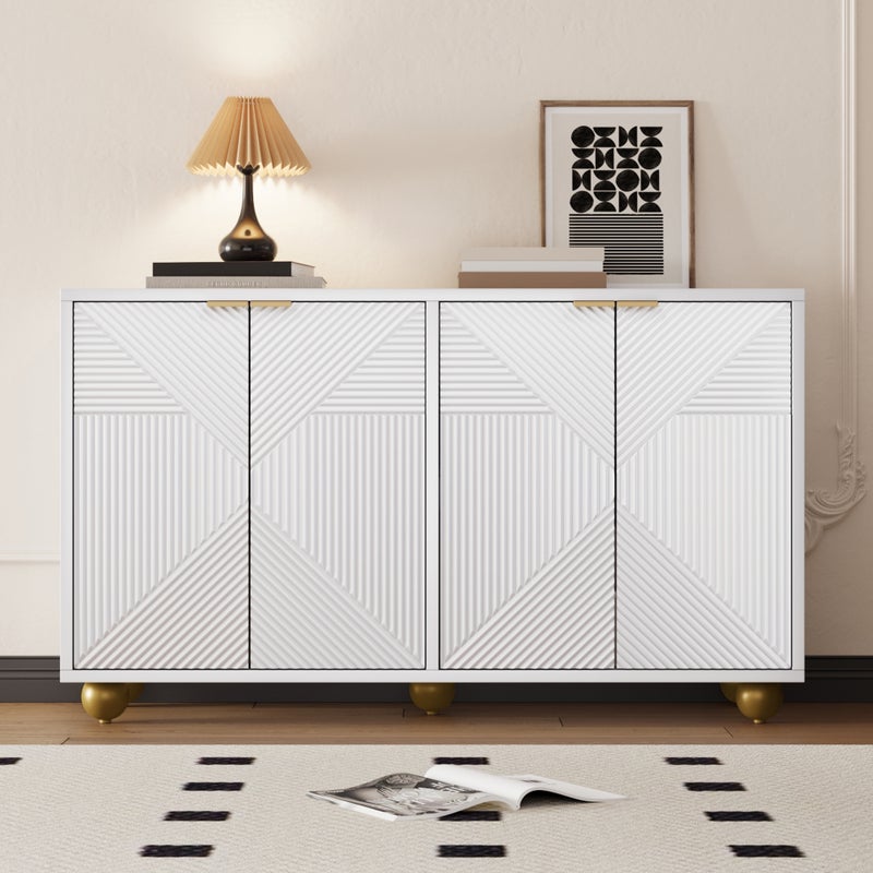 Komoda niska z 4 drzwiami - 120 x 35 x 71,5 cm - Regulowane półki wewnętrzne - Płyta MDF - Uchwyty metalowe i nóżki kulowe - Kolor biały