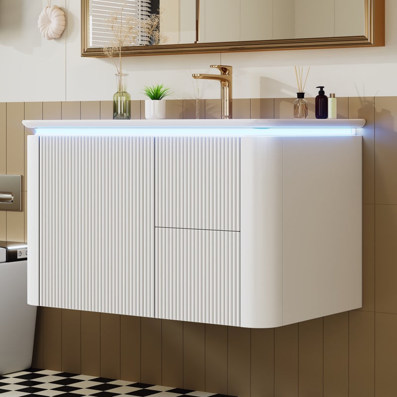 Szafka łazienkowa wisząca - pojedyncza umywalka ceramiczna i 4 szuflady - 80,5 x 47,5 x 51 cm - płyta MDF - diody LED - lakier biały