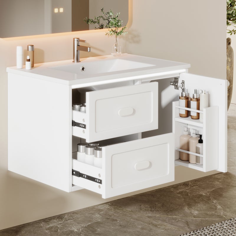 Szafka łazienkowa wisząca - pojedyncza umywalka ceramiczna, 1 drzwi i 2 szuflady - 76 x 46 x 51 cm - płyta MDF - diody LED - lakier biały