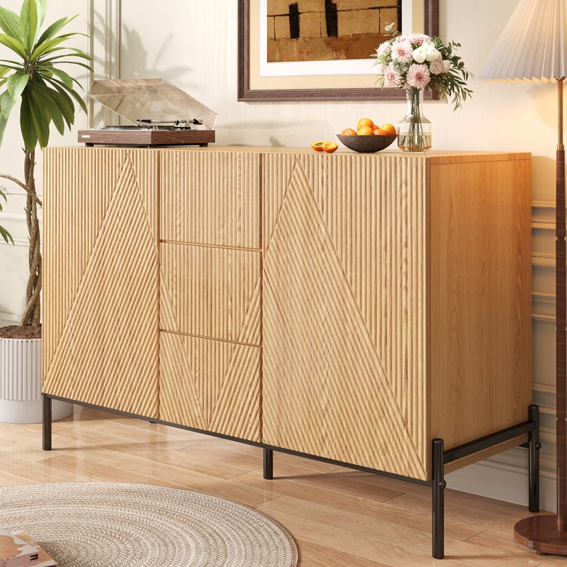 Nowoczesna komoda z 3 szufladami i 2 drzwiami - 120 x 40 x 76 cm - MDF i metalowe nogi - do salonu lub jadalni - Naturalna