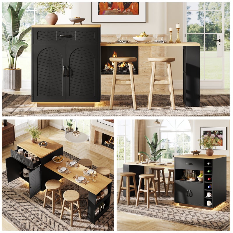 Wyspa kuchenna z rozkładanym stołem jadalnym - 2 szuflady i 4 drzwi - 141/193,5 x 70 x 95,5 cm - MDF - Czarny