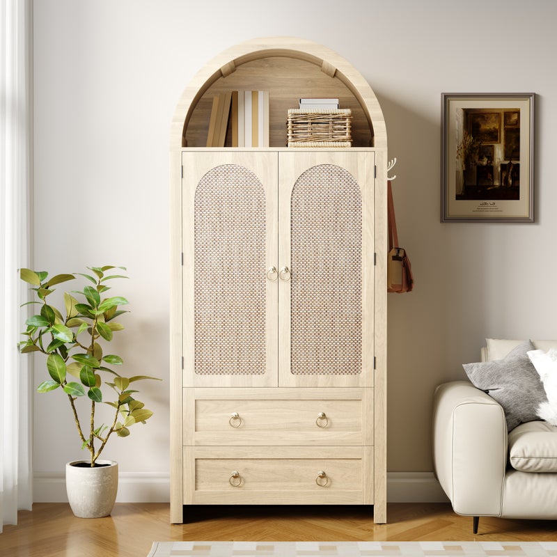 Wysoka komoda z 2 drzwiami, 2 szufladami i otwartą przegrodą - 80 x 40 x 180 cm - MDF - Dąb