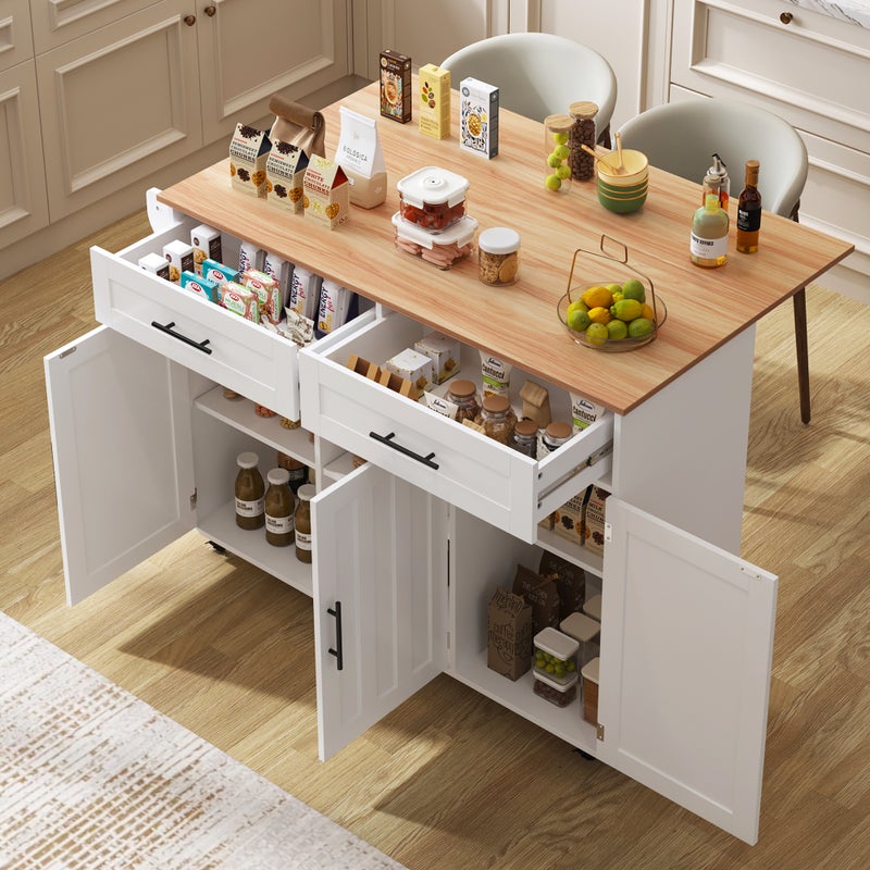 Mobilna wyspa kuchenna z 3 drzwiami i 2 szufladami - 139 x 46/71 x 91,5 cm - MDF - Wysuwany blat - Biały