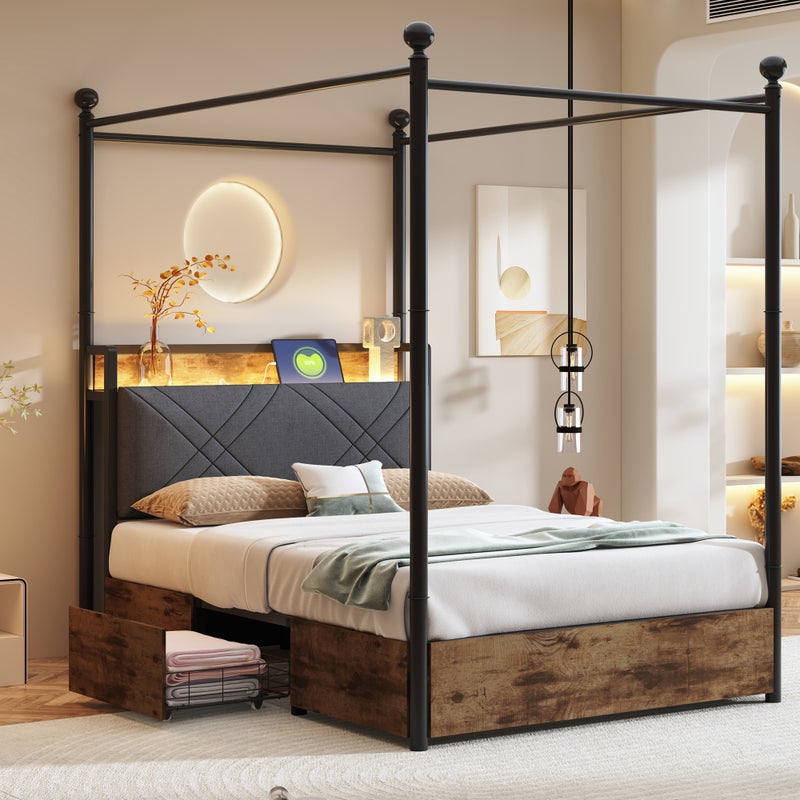 Bett multifunkcyjne 90x190 cm z LED, USB-C i schowkami, czarne, metalowe