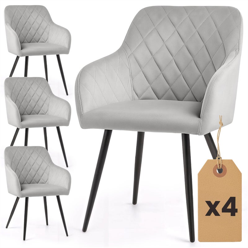 4x Welurowe krzesło tapicerowane pikowane w romby Szare VELTO Czarne nogi