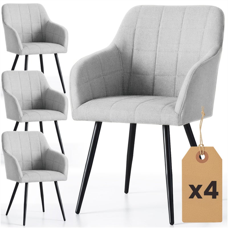 4x Krzesło tapicerowane z przeszyciami kwadratowymi Jasny Szary LUXANO Czarne nogi tkanina Lumos