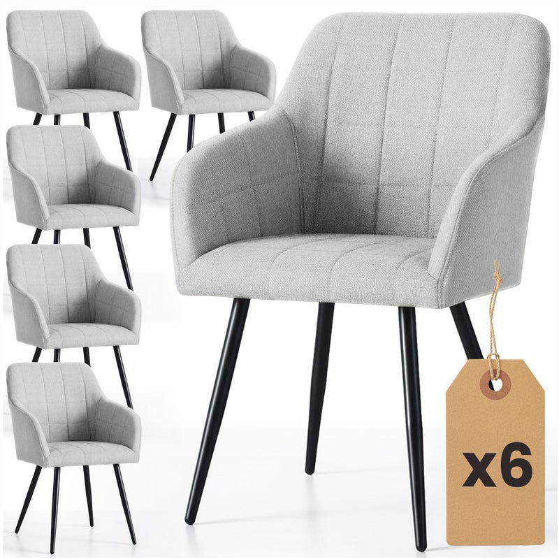 6x Krzesło tapicerowane z przeszyciami kwadratowymi Jasny Szary LUXANO Czarne nogi tkanina Lumos