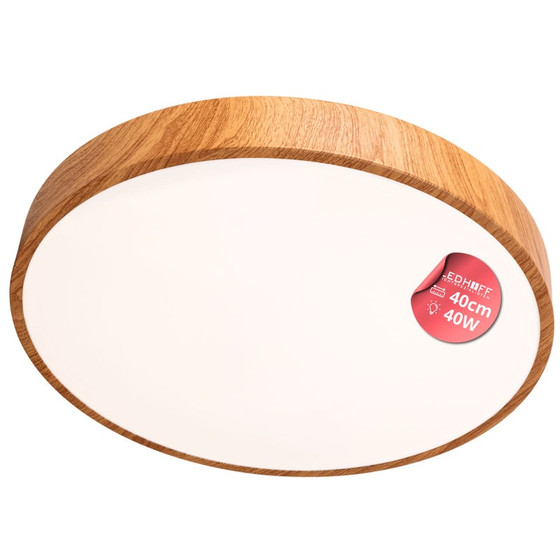 Plafon Brązowy LED - Lampa Sufitowa Okrągła 40W Neutralne Światło 4000K - Panel Natynkowy 40cm Drewniany Wzór - LEDHOFF