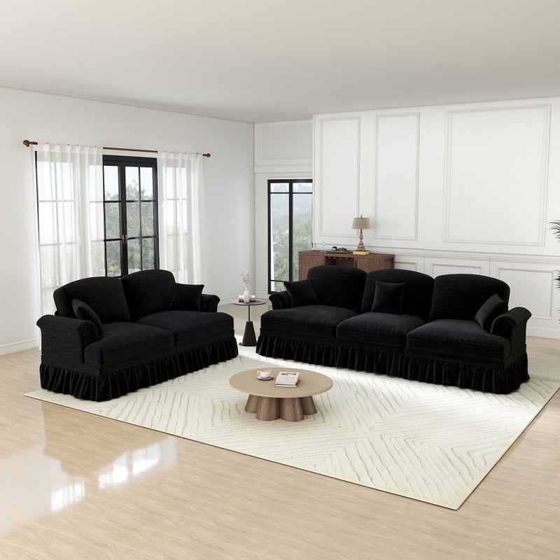 Zestaw sof modułowych, 2-częściowy, 3- i 2-osobowy, szenilowy, połowa wieku, czarny